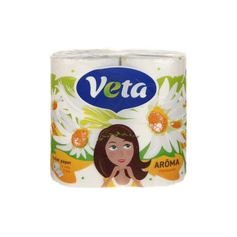Бумага туалетная VETA AROMA  двухслойная, ромашка, на втулке,100% целлюлоза. 1*4 рулона.