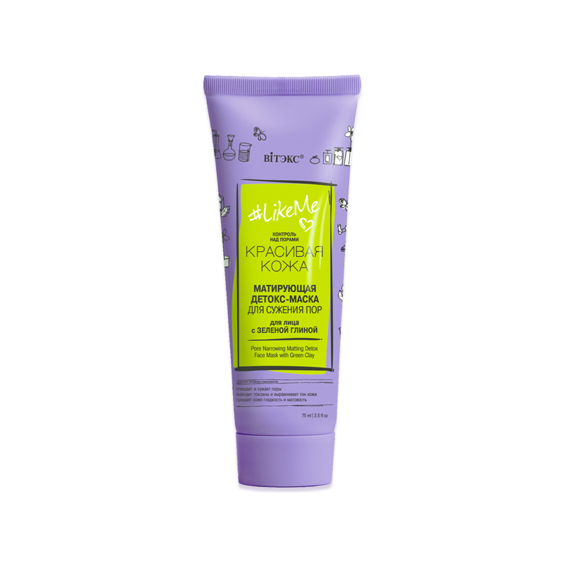 Biтэкс LikeMe Детокс-маска Матирующая для сужения пор д/лица с зеленой глиной 75мл