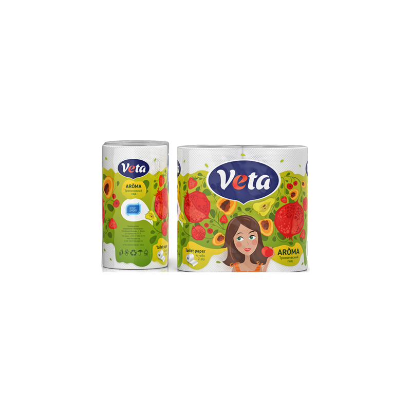 Бумага туалетная VETA AROMA  двухслойная, тропический сад, на втулке, 100% целлюлоза, 1*4 рулона.