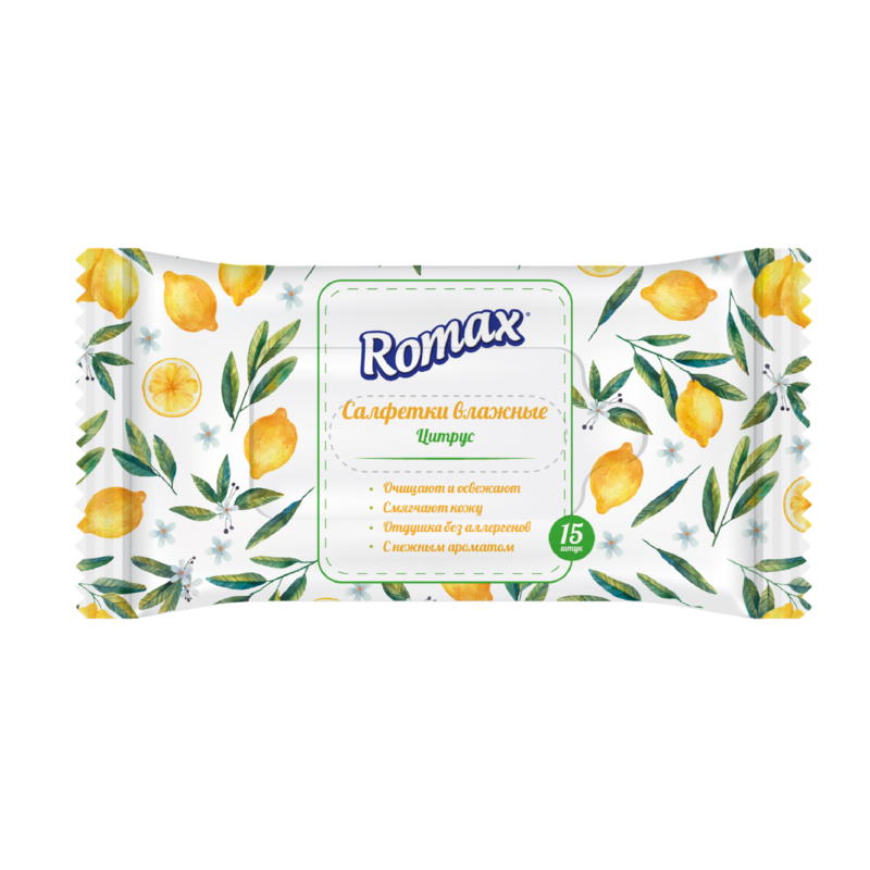 Ромакс Влажные салфетки гигиенические цитрус 15шт